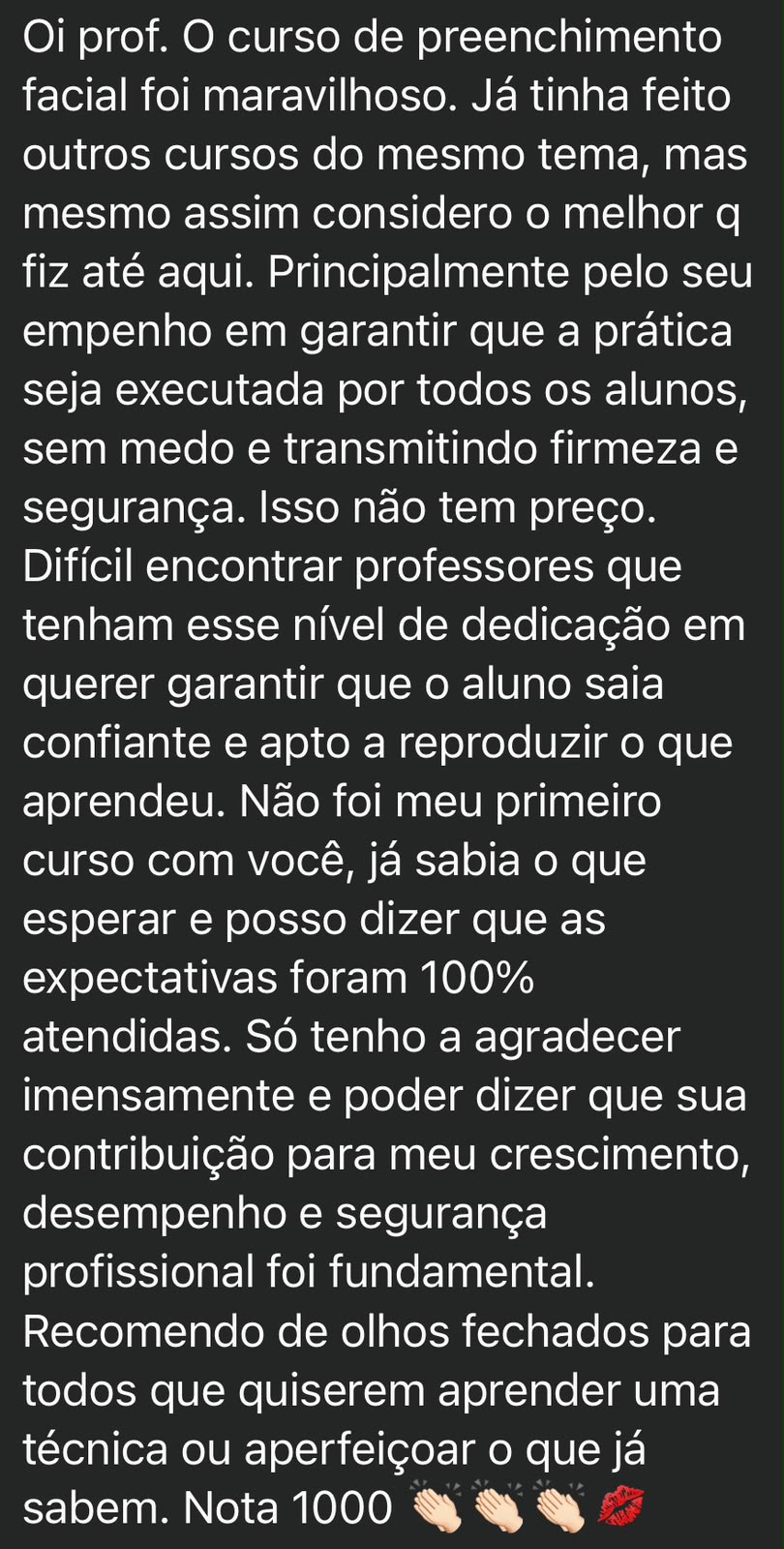 Print de depoimento via WhatsApp de aluna sobre o curso de Preenchimento Facial