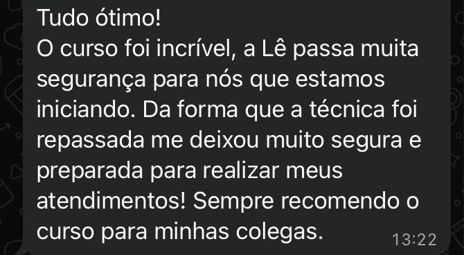 Print de depoimento via WhatsApp de aluna sobre o curso